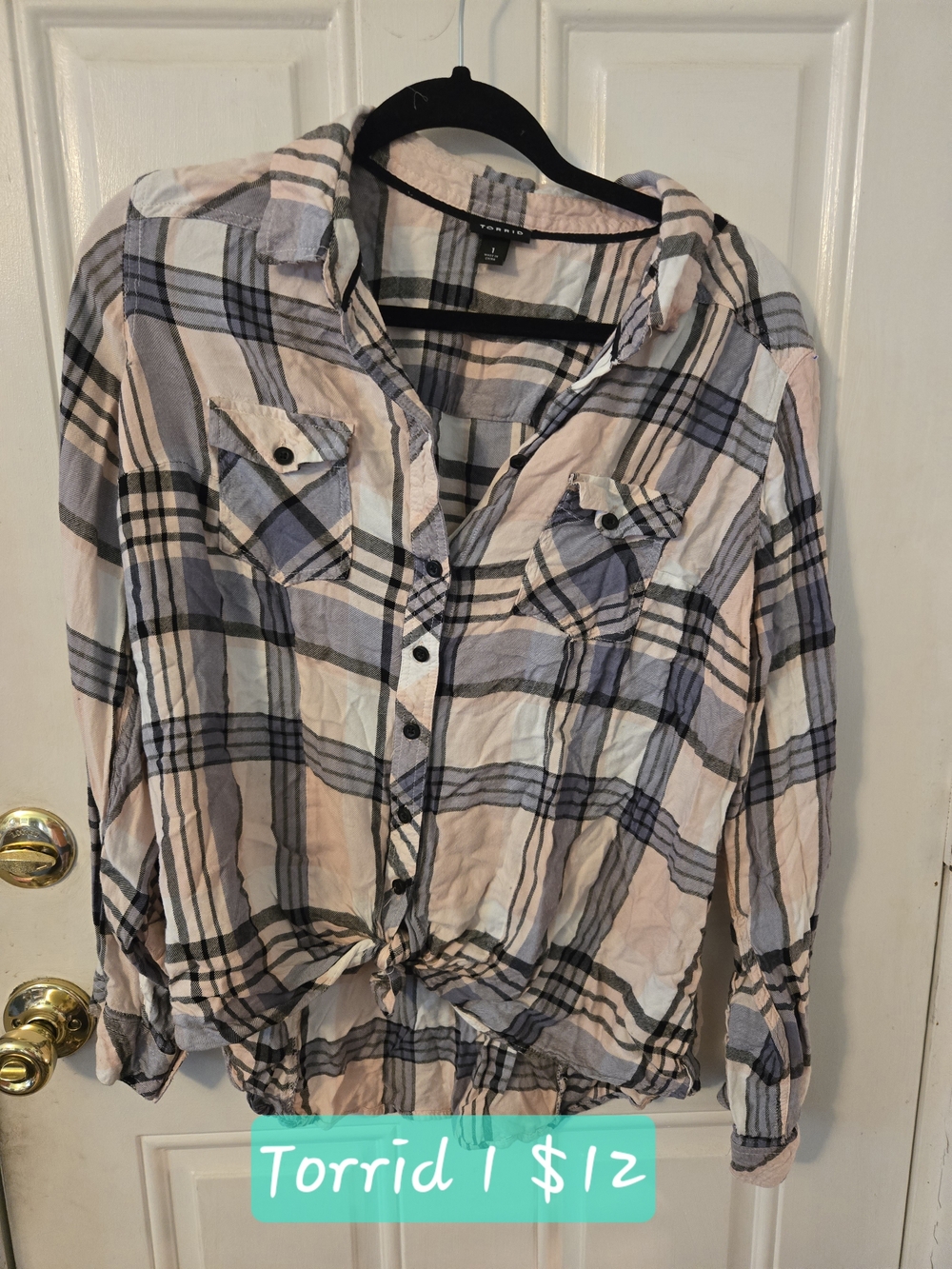 torrid Pink and Gray Plaid Button-Down Tie-Hem Shirt